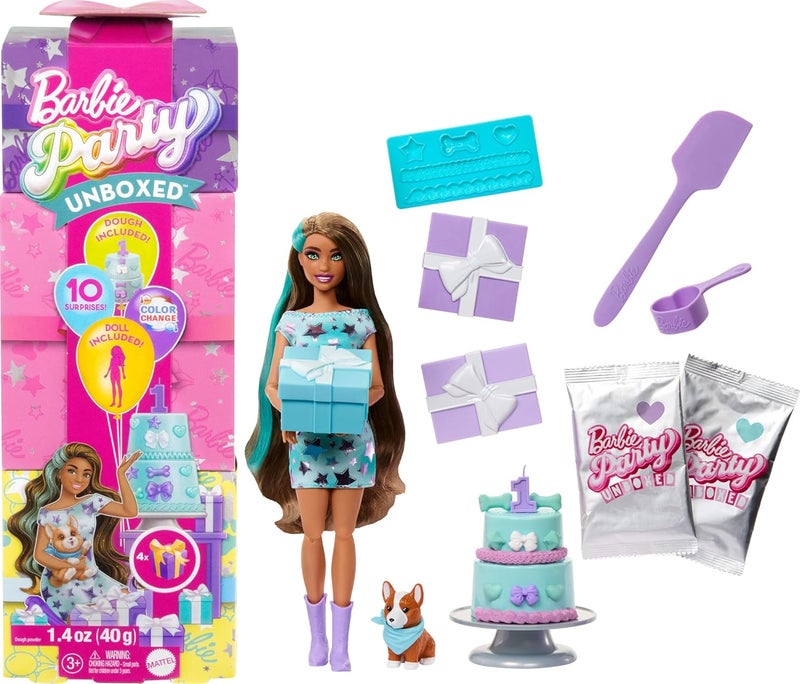 Barbie Party Unboxed Doll & Accessories, Pet Birthday Series Party Stars Set with 10 Surprises Including Color Change & Cake-Decorating Activity - Image 1